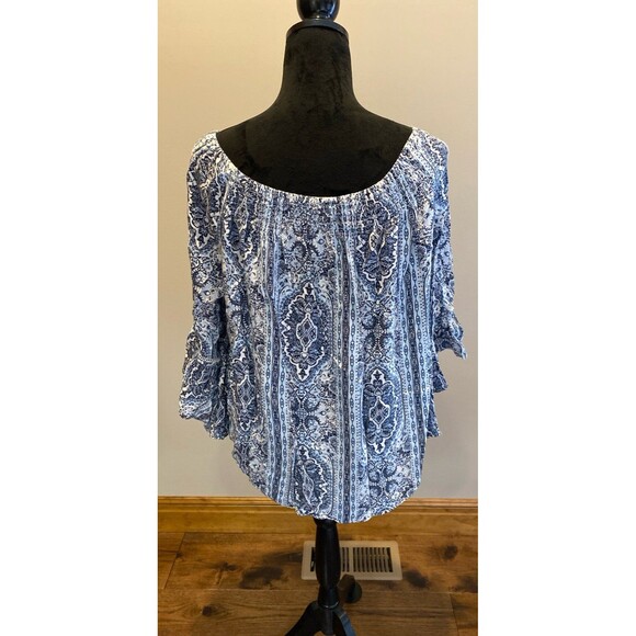 Off (or On!) Shoulder Blouse Size Large Blue Paisley Print  Boho Peasant Top - Picture 6 of 10